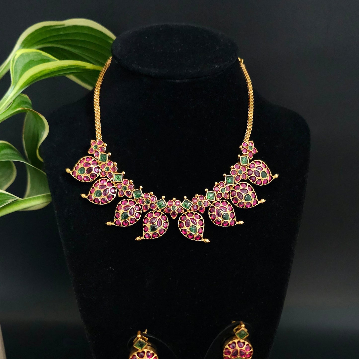 Royal Kemp Temple Necklace Set with Red Stones & Matching Earrings