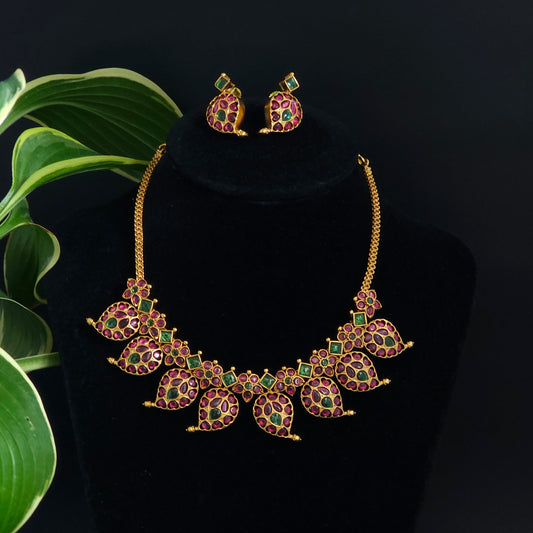 Royal Kemp Temple Necklace Set with Red Stones & Matching Earrings