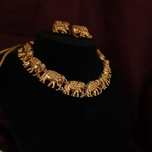 Royal Elephant Motif Temple Necklace Set