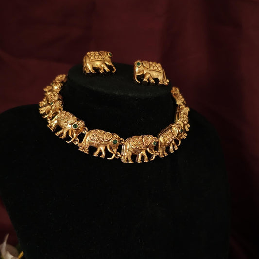 Royal Elephant Motif Temple Necklace Set