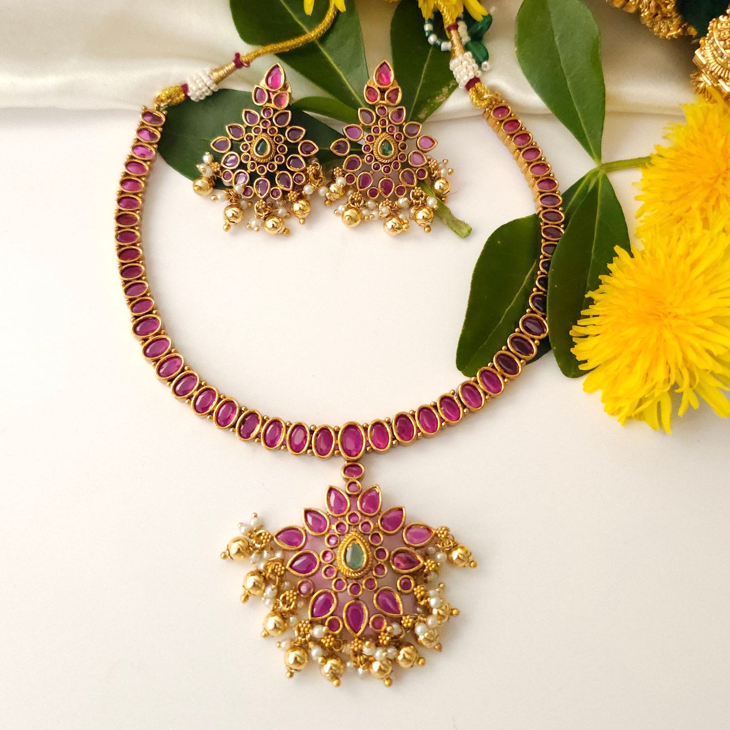Ruhani Ruby Floral Choker Necklace Set