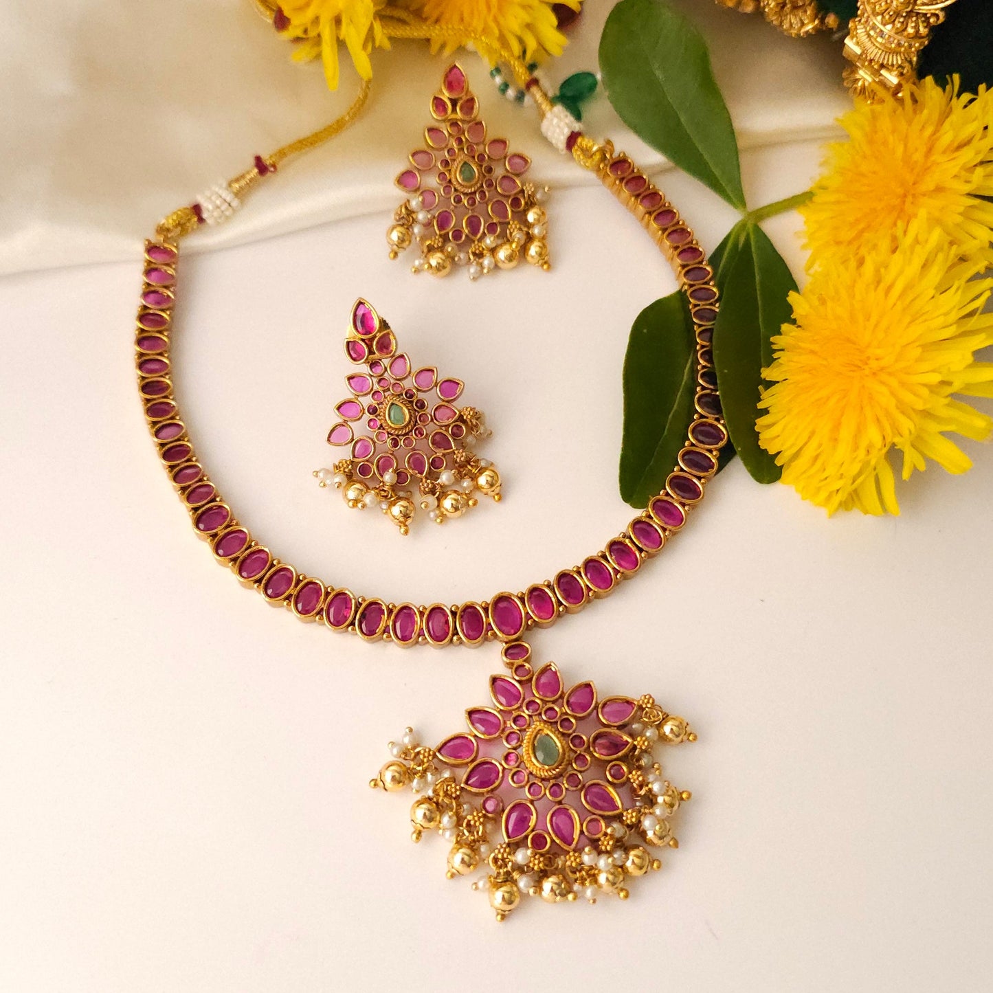 Ruhani Ruby Floral Choker Necklace Set