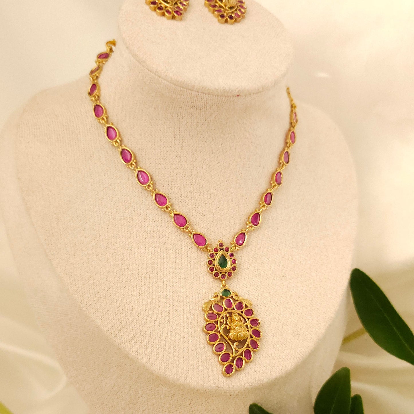 Premium South Indian Red Stone Lakshmi design Necklace set