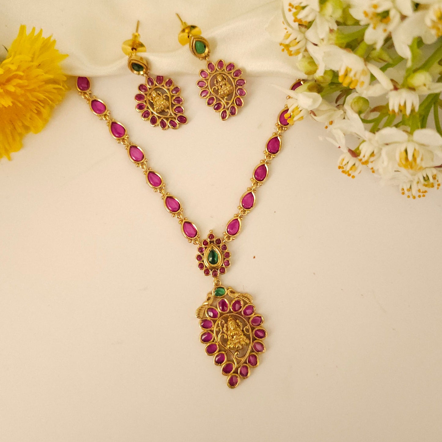 Premium South Indian Red Stone Lakshmi design Necklace set