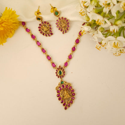 Premium South Indian Red Stone Lakshmi design Necklace set