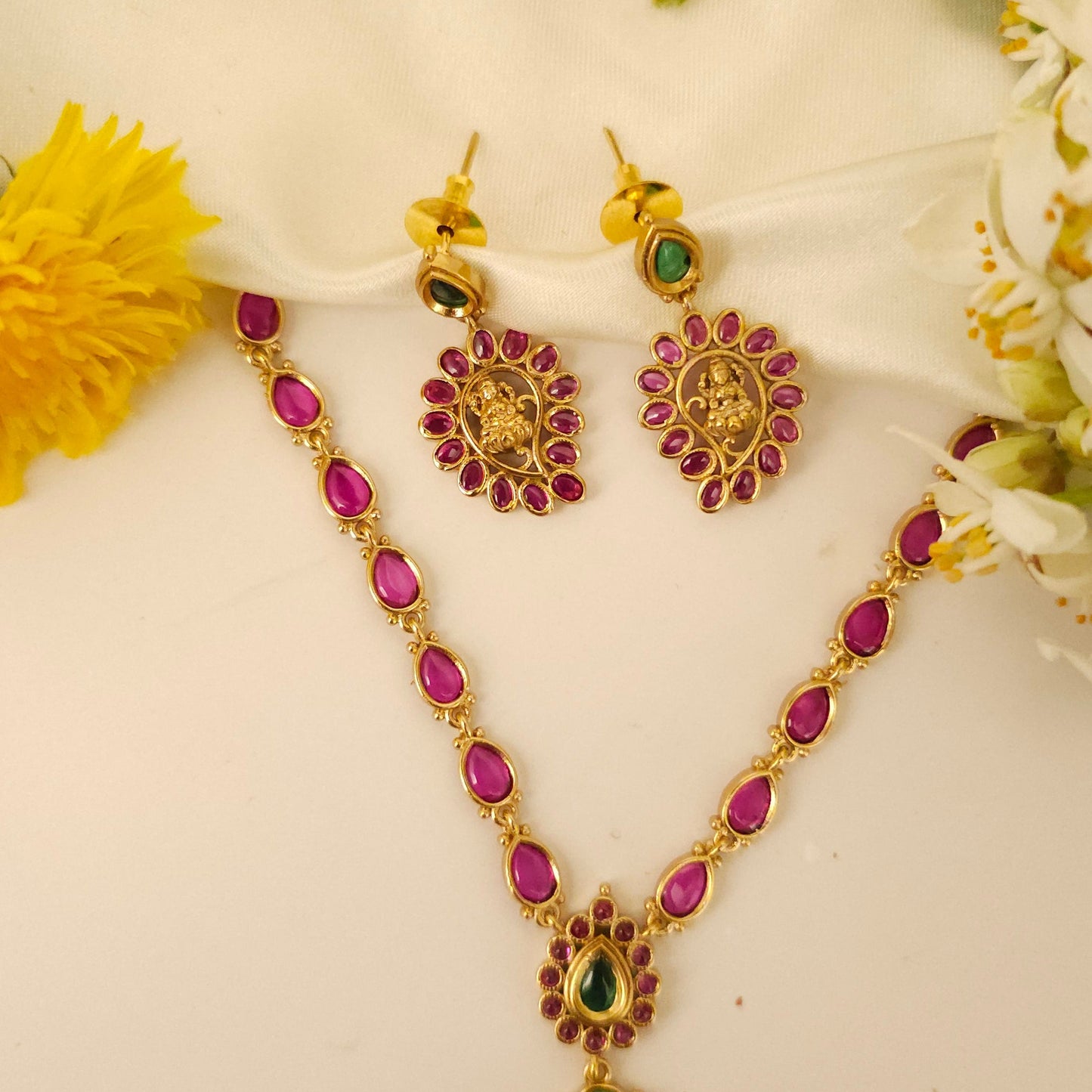 Premium South Indian Red Stone Lakshmi design Necklace set