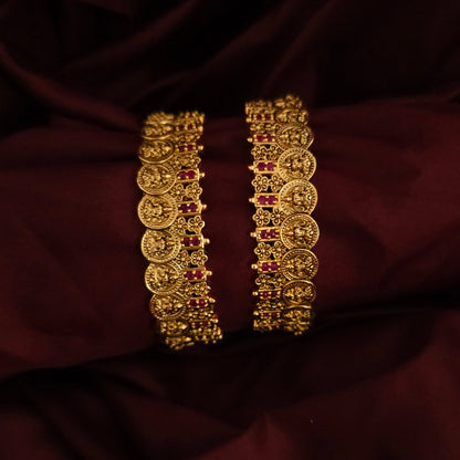A Set of 2 Lakshmi Coin Antique Gold Bangle