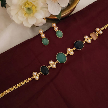 Elegant Antique Gold Glossy Stone Choker Necklace Set