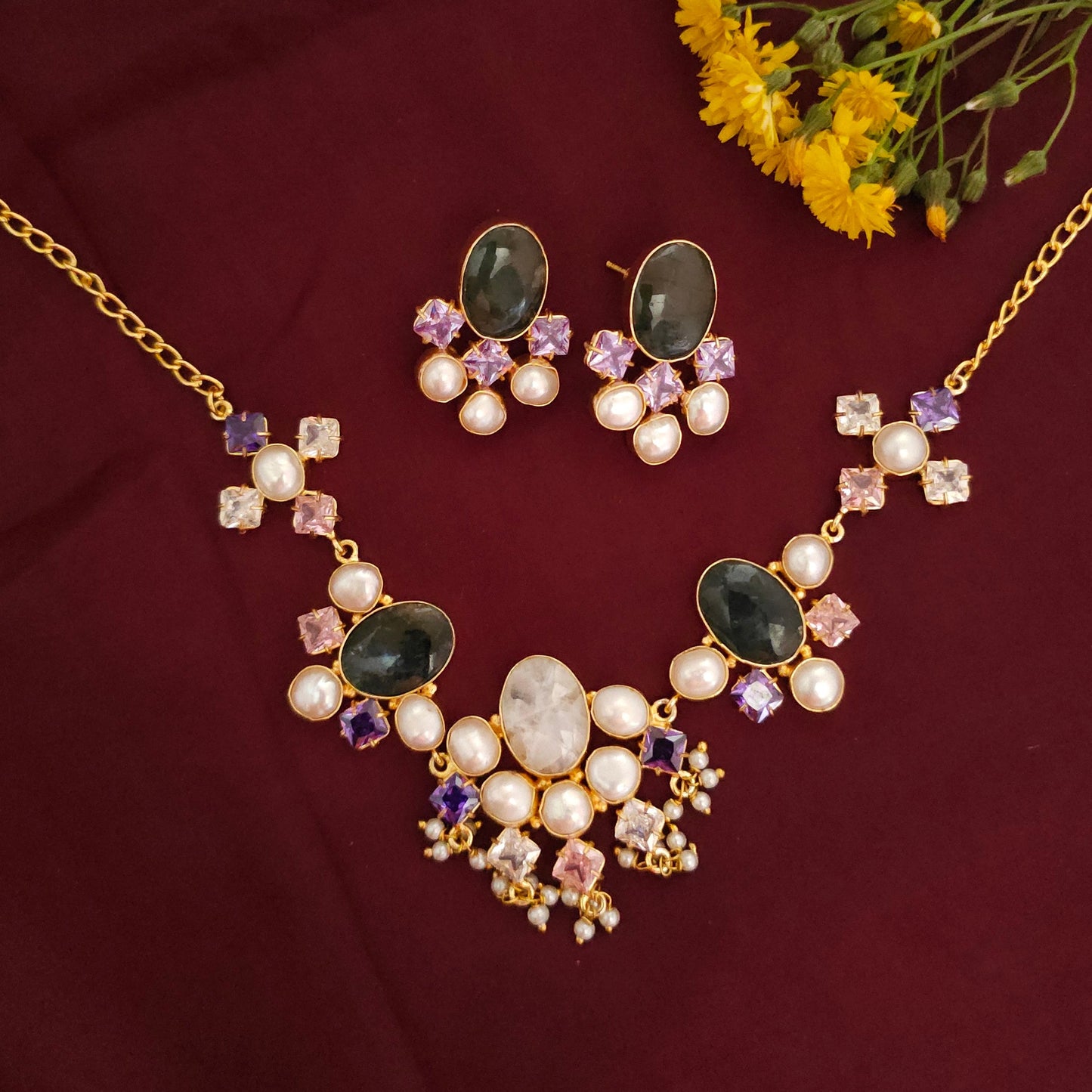 Royal Pearl & Natural Stone Statement Necklace Set