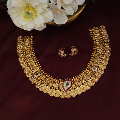 Antique Gold 2-Layer Lakshmi Coin Necklace Set with Kemp Stone Paisley Design