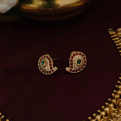 Antique Gold 2-Layer Lakshmi Coin Necklace Set with Kemp Stone Paisley Design