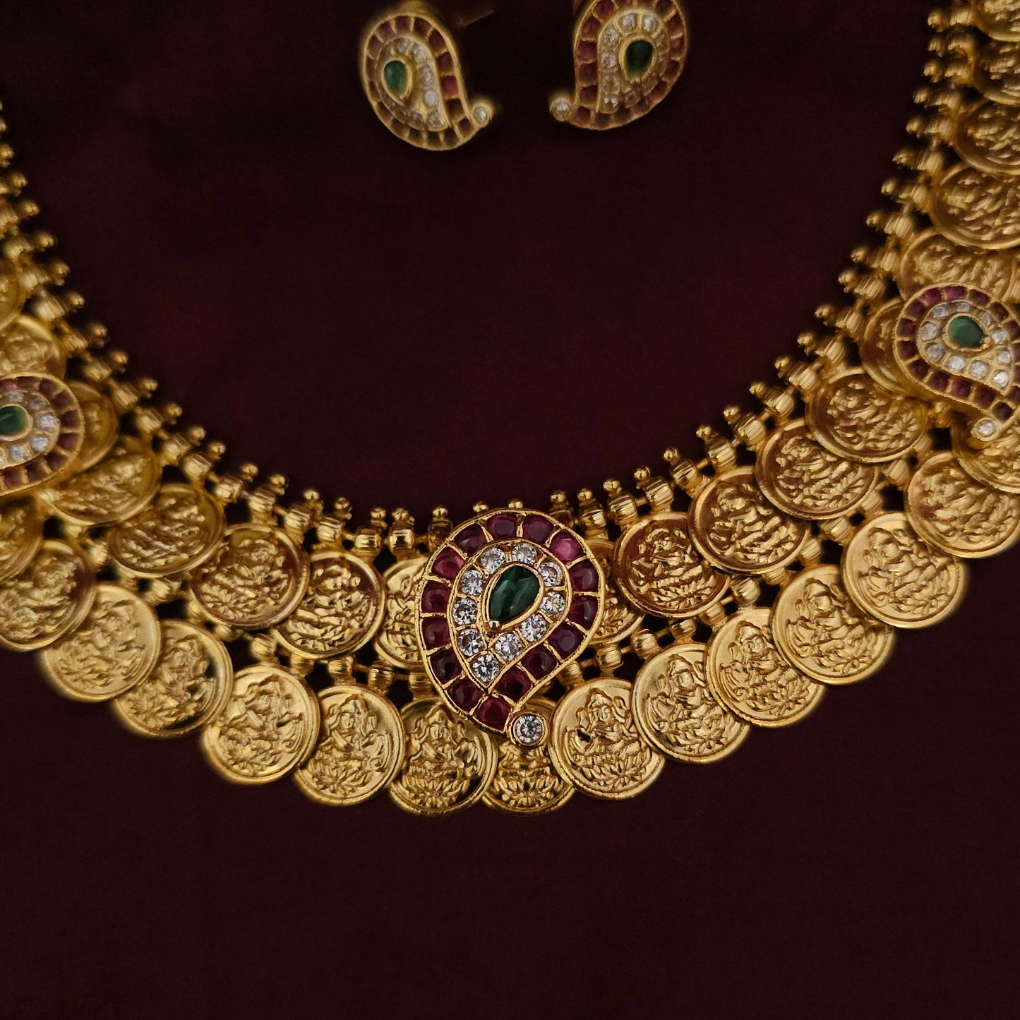 Antique Gold 2-Layer Lakshmi Coin Necklace Set with Kemp Stone Paisley Design
