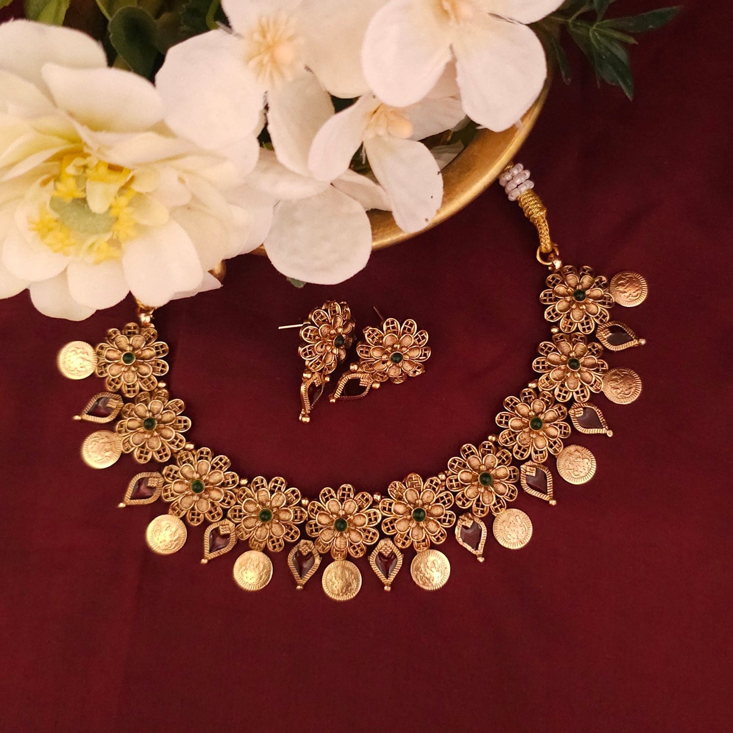 Floral Coin Temple Necklace Set