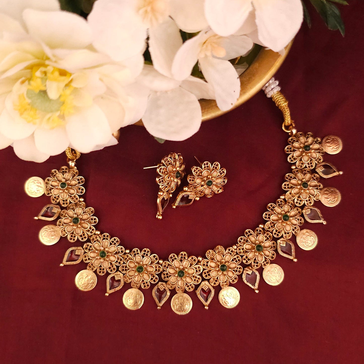 Floral Coin Temple Necklace Set