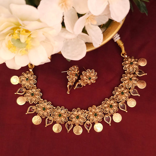 Floral Coin Temple Necklace Set