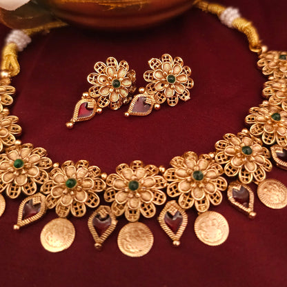 Floral Coin Temple Necklace Set