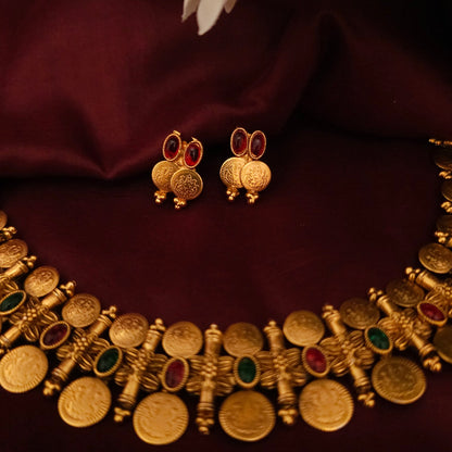 Kasu mala with Red and Green stones