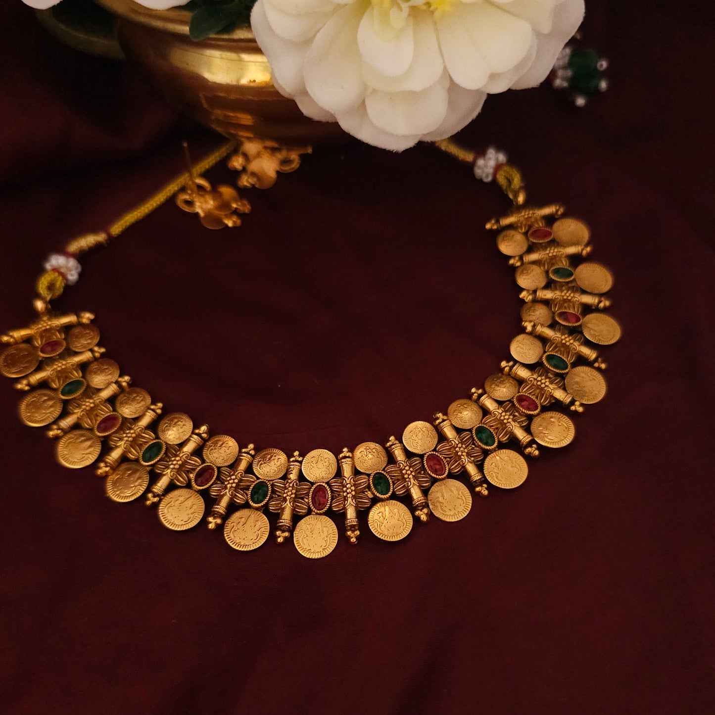 Kasu mala with Red and Green stones