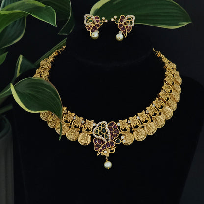 Antique Gold Coin Necklace Set with Butterfly design