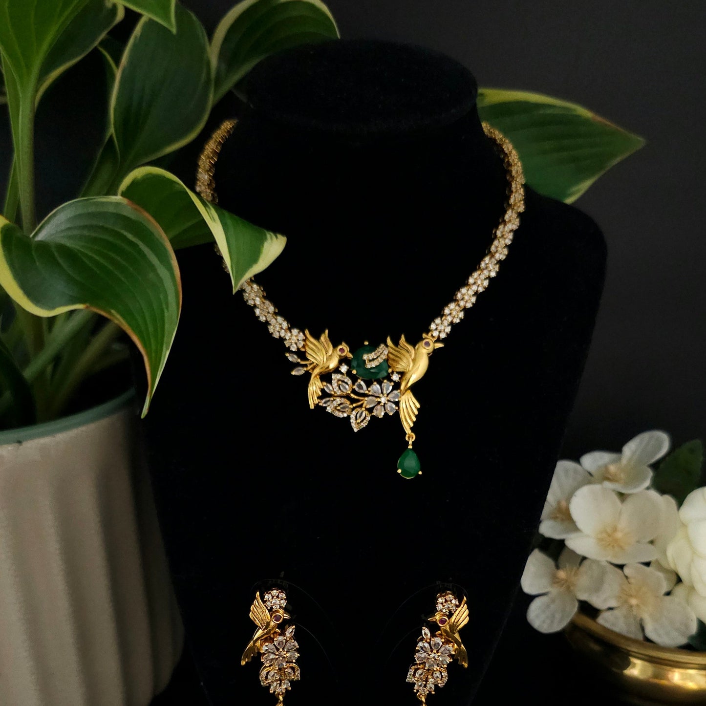 Emerald Bird AD Stone Necklace Set
