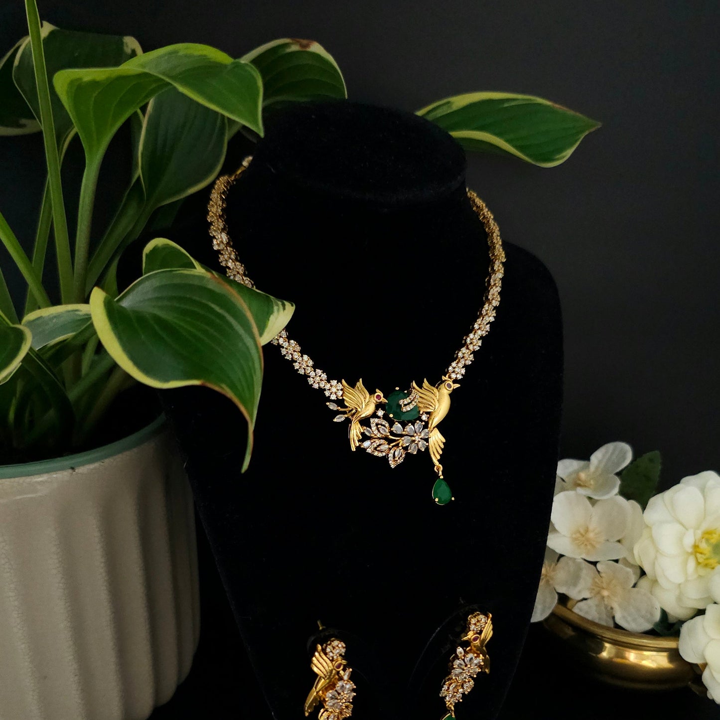 Emerald Bird AD Stone Necklace Set