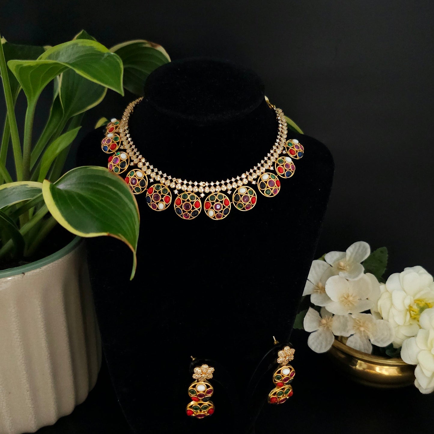 Navaratna Multicolour AD Stone Necklace Set