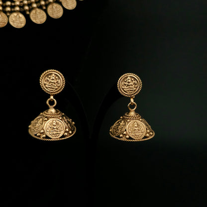 Mahalakshmi Coin Temple Necklace Set with Antique Jhumka Earrings