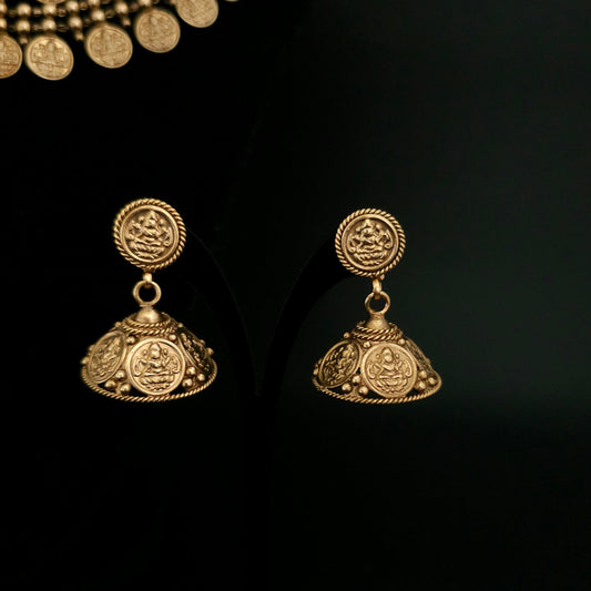 Mahalakshmi Coin Temple Necklace Set with Antique Jhumka Earrings