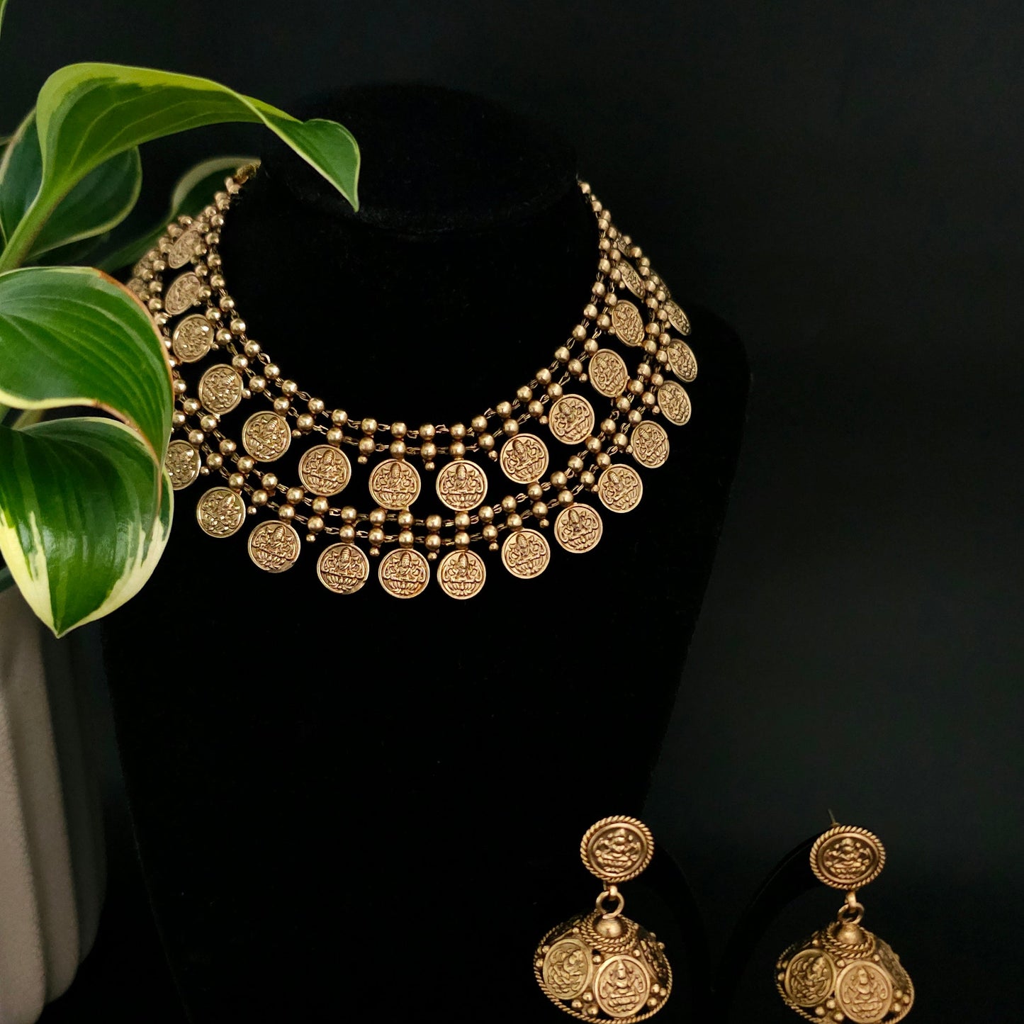 Mahalakshmi Coin Temple Necklace Set with Antique Jhumka Earrings