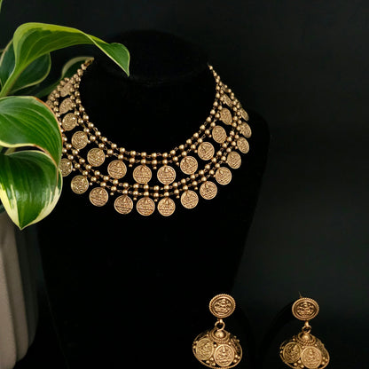 Mahalakshmi Coin Temple Necklace Set with Antique Jhumka Earrings