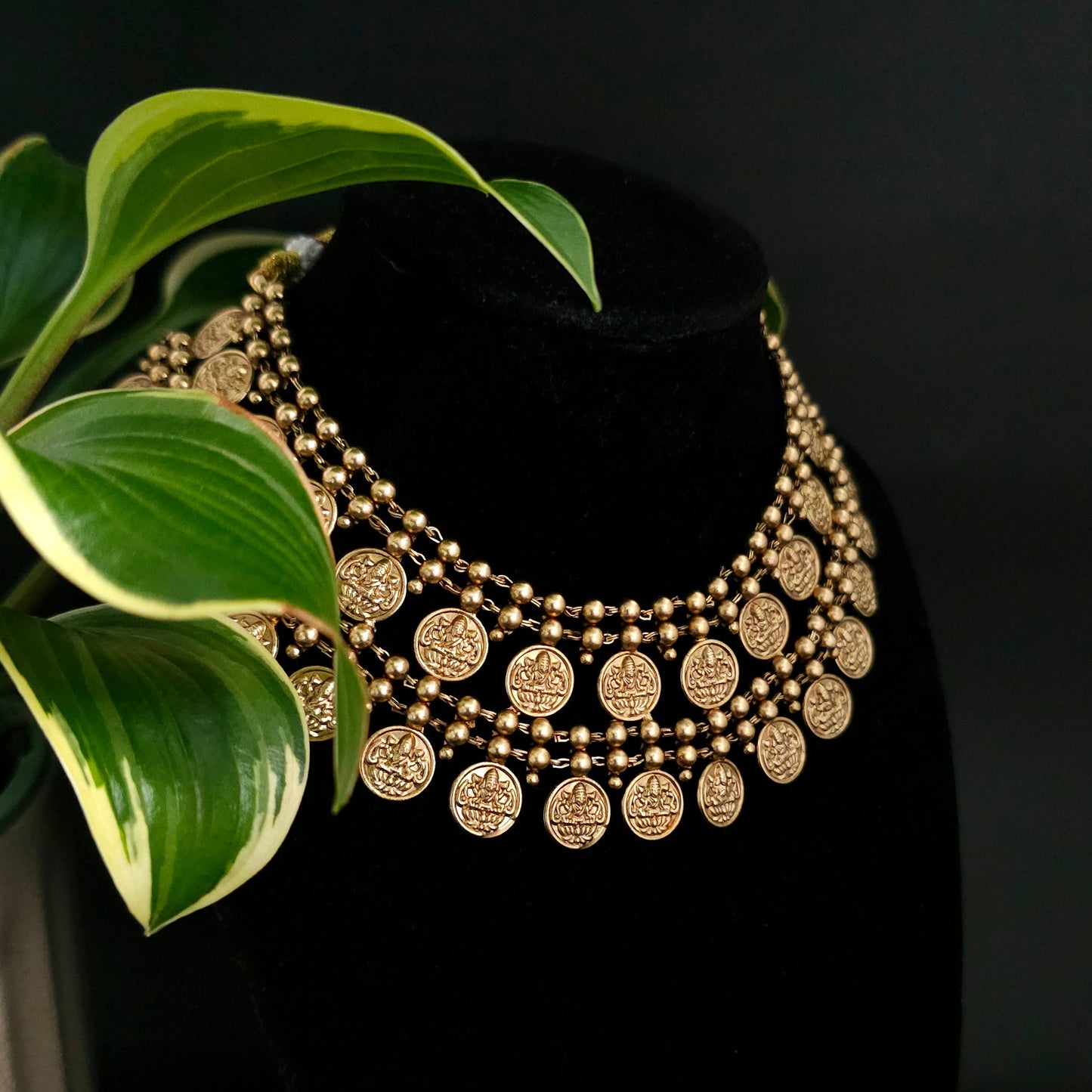 Mahalakshmi Coin Temple Necklace Set with Antique Jhumka Earrings