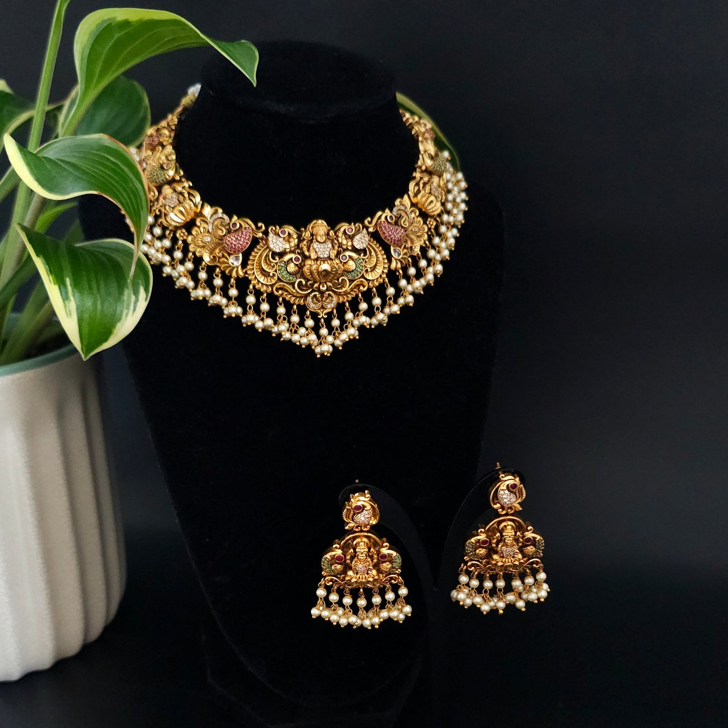 Divine Lakshmi Temple Necklace Set with Pearl Jhumka Earrings