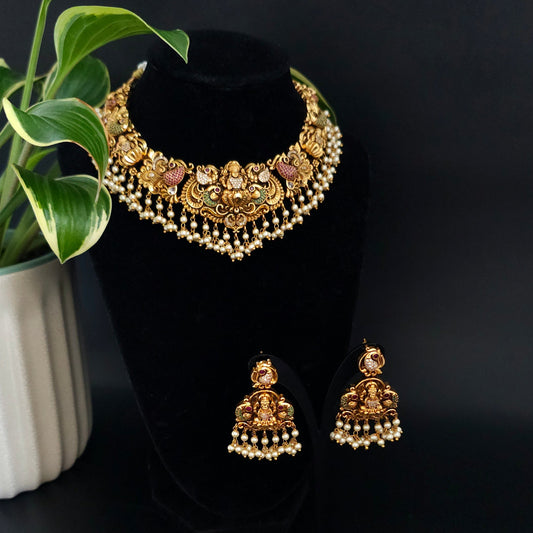 Divine Lakshmi Temple Necklace Set with Pearl Jhumka Earrings