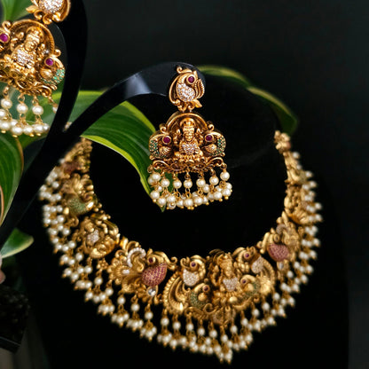 Divine Lakshmi Temple Necklace Set with Pearl Jhumka Earrings
