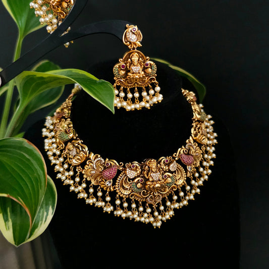 Divine Lakshmi Temple Necklace Set with Pearl Jhumka Earrings