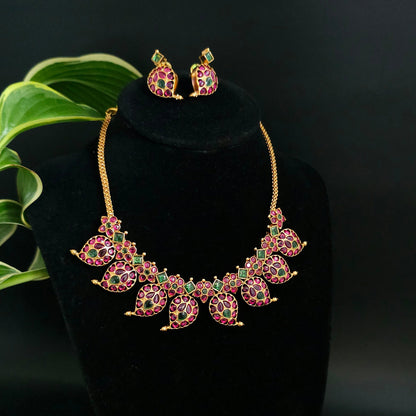 Royal Kemp Temple Necklace Set with Red Stones & Matching Earrings