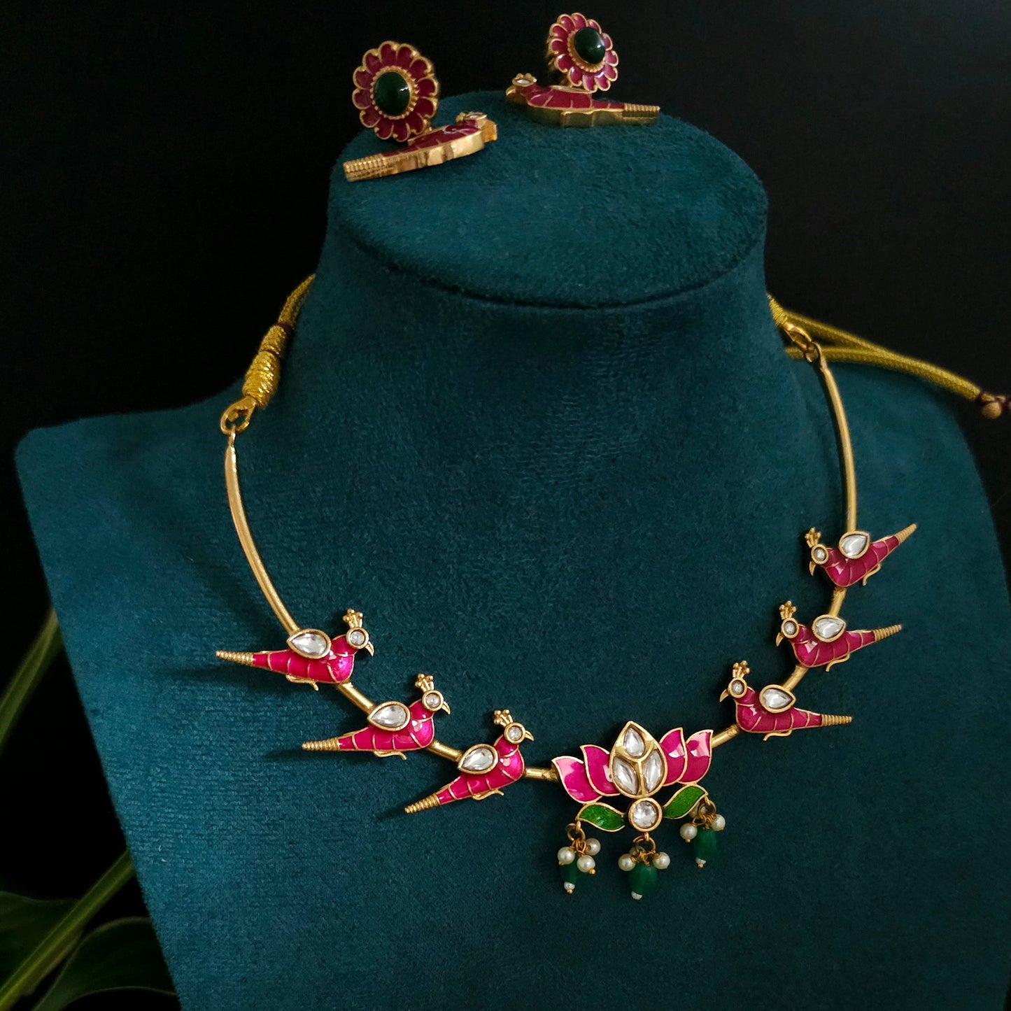 Pink Bird & Lotus Kundan Necklace Set with Matching Stud Earrings