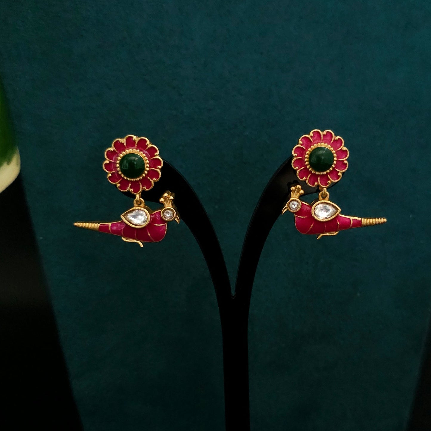 Pink Bird & Lotus Kundan Necklace Set with Matching Stud Earrings