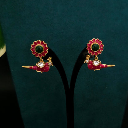 Pink Bird & Lotus Kundan Necklace Set with Matching Stud Earrings