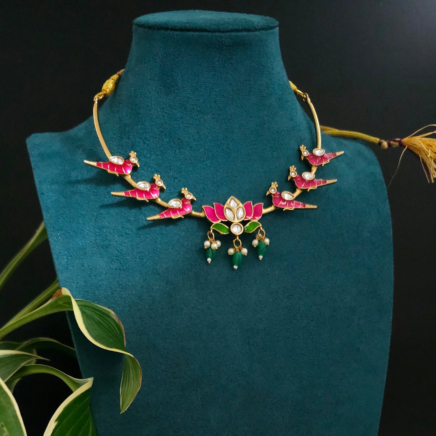 Pink Bird & Lotus Kundan Necklace Set with Matching Stud Earrings