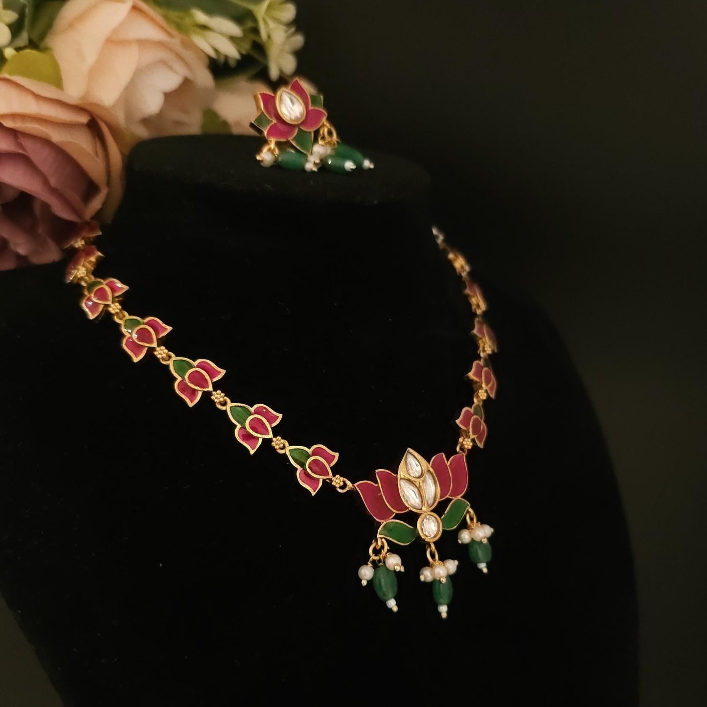 Red & Green Enamel Lotus Kundan Necklace Set