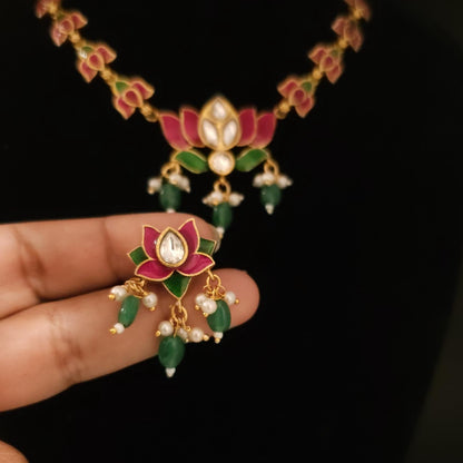 Red & Green Enamel Lotus Kundan Necklace Set
