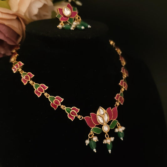 Red & Green Enamel Lotus Kundan Necklace Set